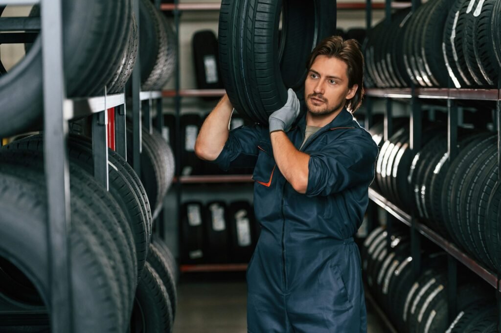 Carrying the tire. Man is in the tire fitting car service